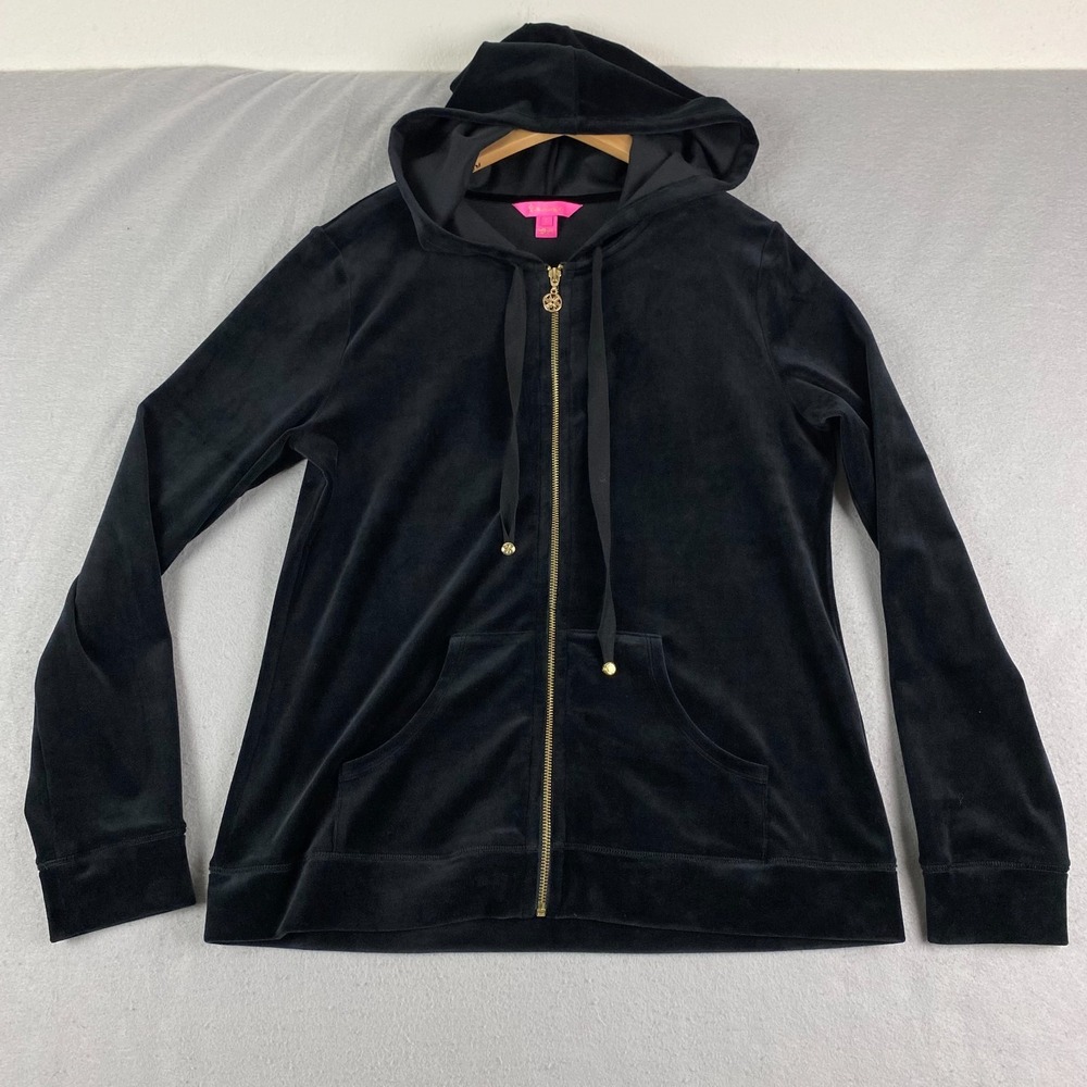 Lilly Pulitzer Larina Velour Hoodie Zip Up Jacket large velvet Black Womens